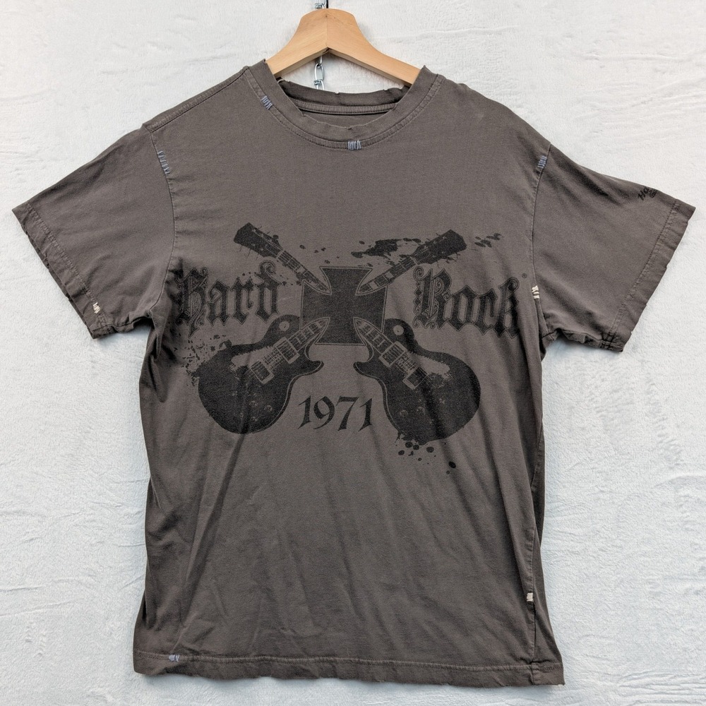 VTG Hard Rock T-Shirt Men's Medium Gray Distressed Biker Rock Streetwear Y2K